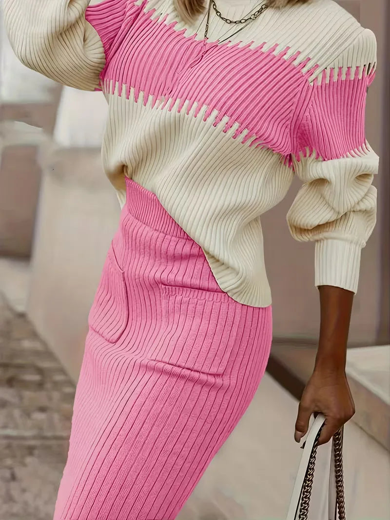 Ivolia | Women's Two-Piece Matching Ribbed Knit Skirt Set – High Neck Sweater Co-Ord — Pink