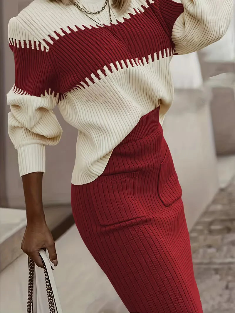 Ivolia | Women's Two-Piece Matching Ribbed Knit Skirt Set – High Neck Sweater Co-Ord — Red