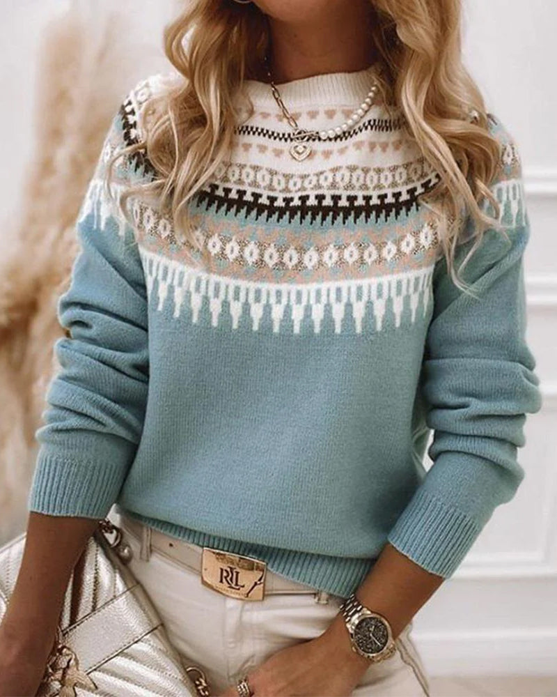 Ivowen | Women's Cozy Nordic Fair Isle Mock Neck Knit Sweater — Blue