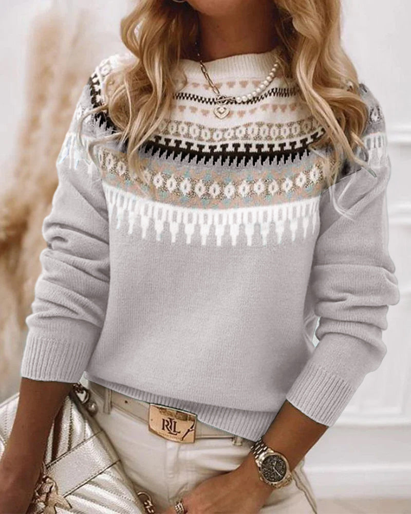 Ivowen | Women's Cozy Nordic Fair Isle Mock Neck Knit Sweater — Grey