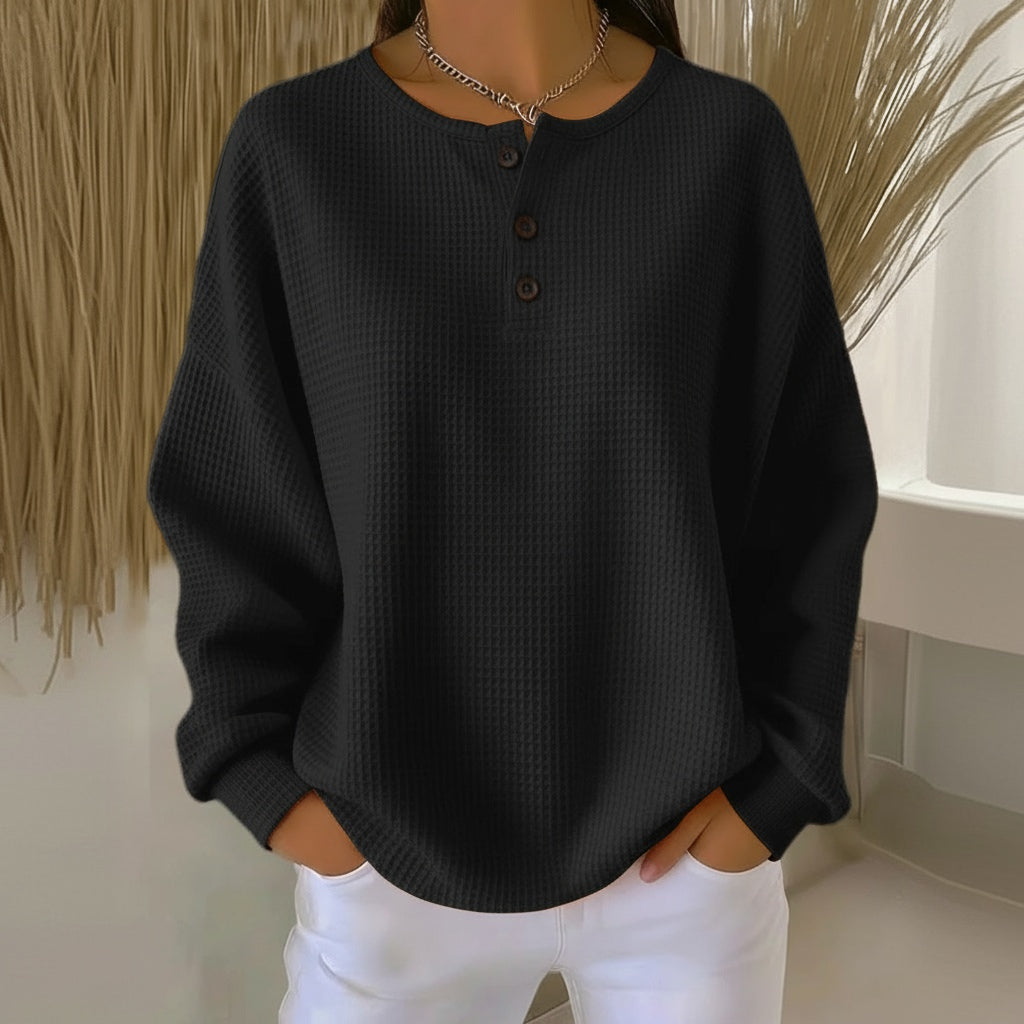 Jacintha | Women's Cozy Waffle Knit Button Front Sweaters — Black