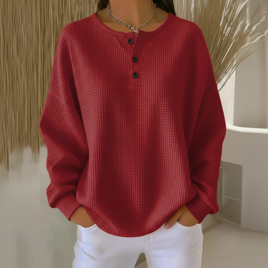 Jacintha | Women's Cozy Waffle Knit Button Front Sweaters — Red