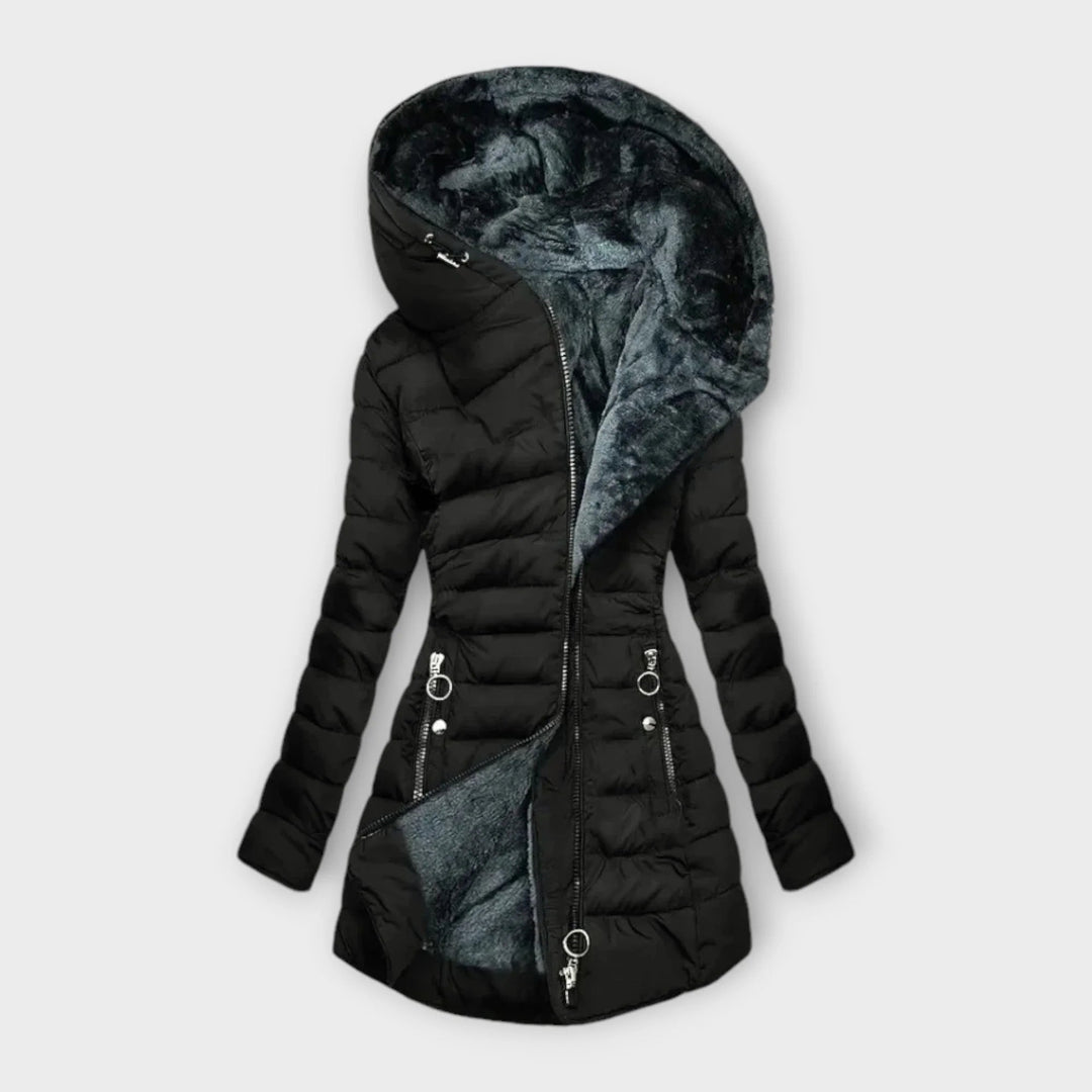 Joraaine | Women's Casual Stretch quilted zip-up hood puffer coat with faux fur lining — Black