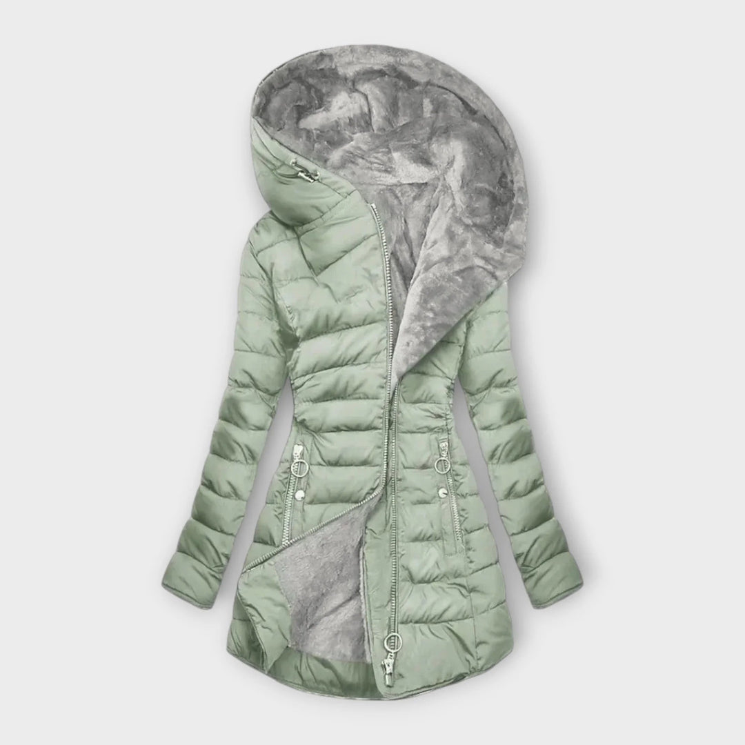 Joraaine | Women's Casual Stretch quilted zip-up hood puffer coat with faux fur lining — 1
