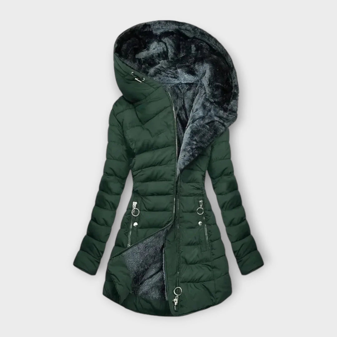 Joraaine | Women's Casual Stretch quilted zip-up hood puffer coat with faux fur lining — Dark Green