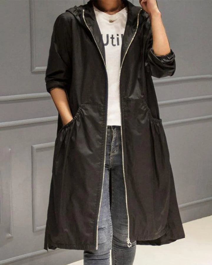 Joraelle | Women's Hooded Waterproof Long Trench Coat Zip-Up — Black
