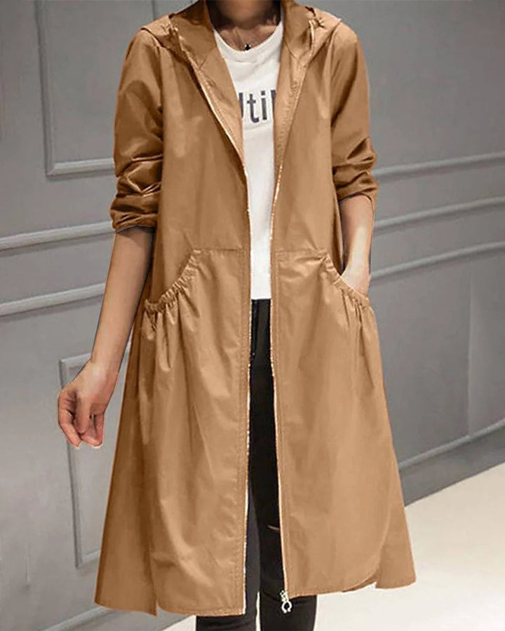 Joraelle | Women's Hooded Waterproof Long Trench Coat Zip-Up — Brown