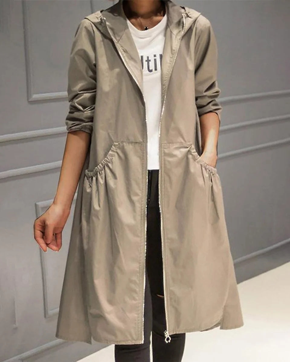 Joraelle | Women's Hooded Waterproof Long Trench Coat Zip-Up — Khaki
