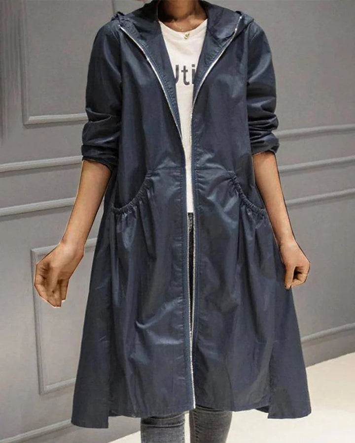 Joraelle | Women's Hooded Waterproof Long Trench Coat Zip-Up — Navy Blue