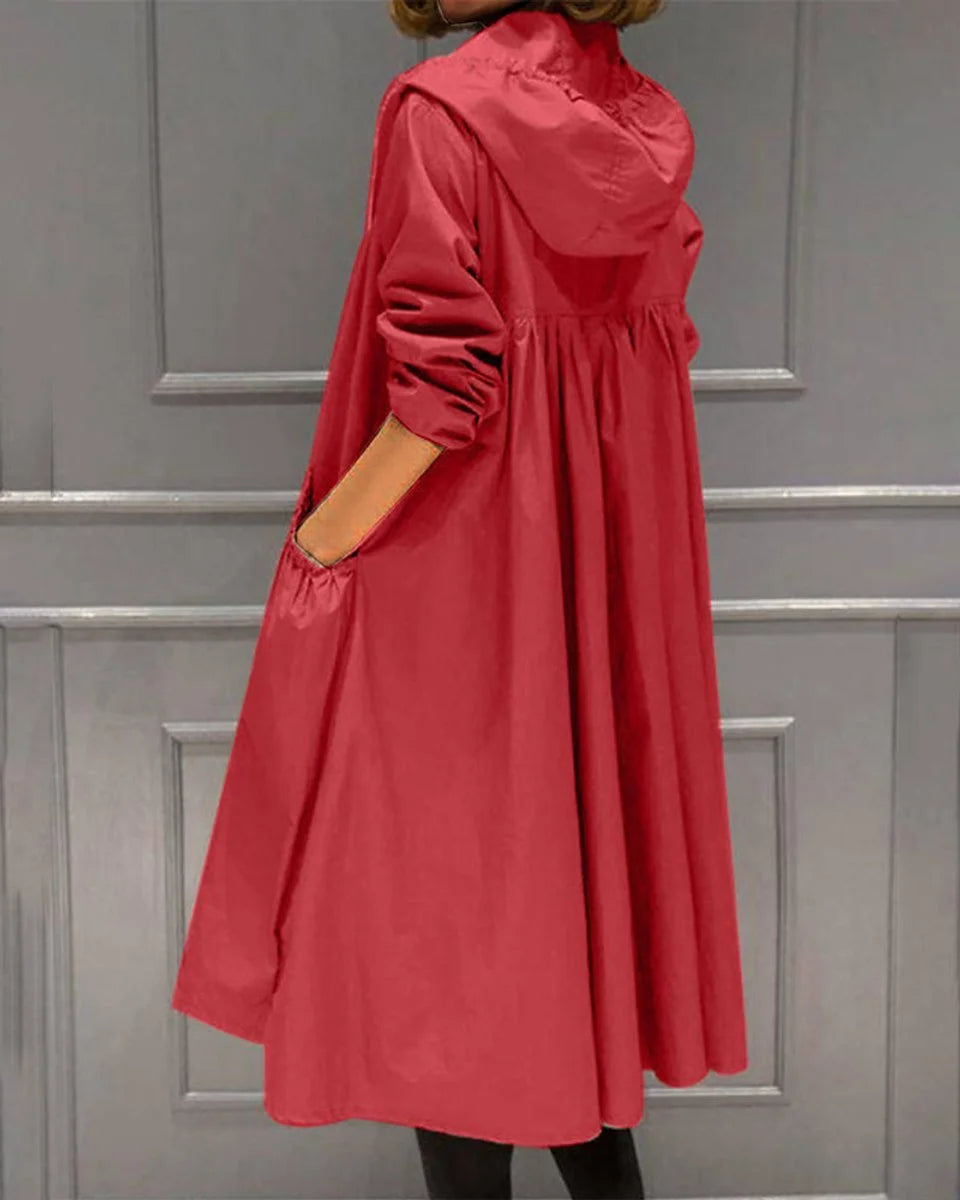 Joraelle | Women's Hooded Waterproof Long Trench Coat Zip-Up — Red