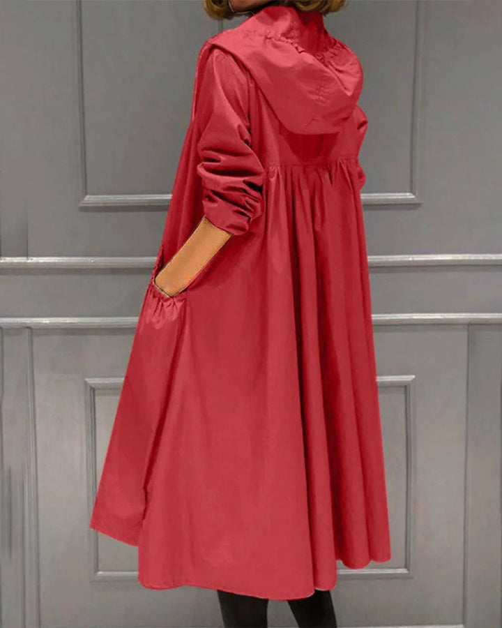 Joraelle | Women's Hooded Waterproof Long Trench Coat Zip-Up — Red
