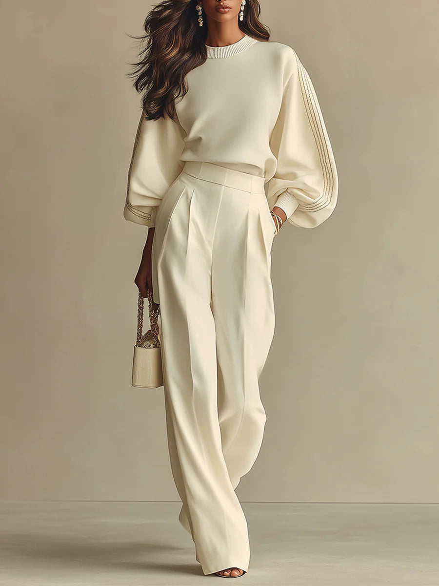 Joraienne | Women's Two-Piece Matching Crew Neck Knit Two Piece Set — Beige