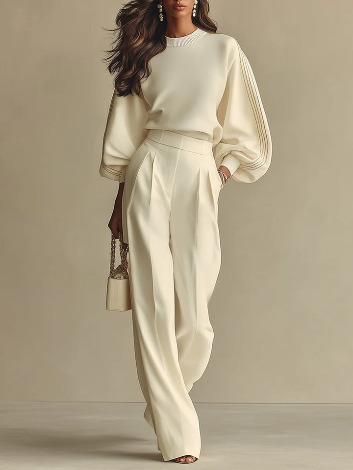 Joraienne | Women's Two-Piece Matching Crew Neck Knit Two Piece Set — Beige