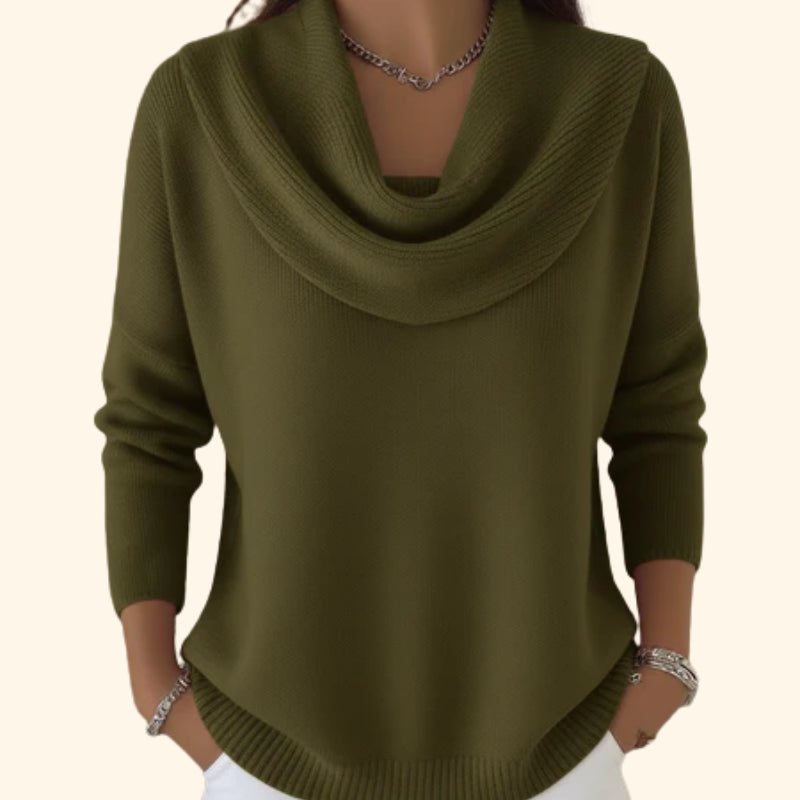 Joraphine | Women's Cozy Relaxed Fit Cowl Neck Knit Sweater — Army Green