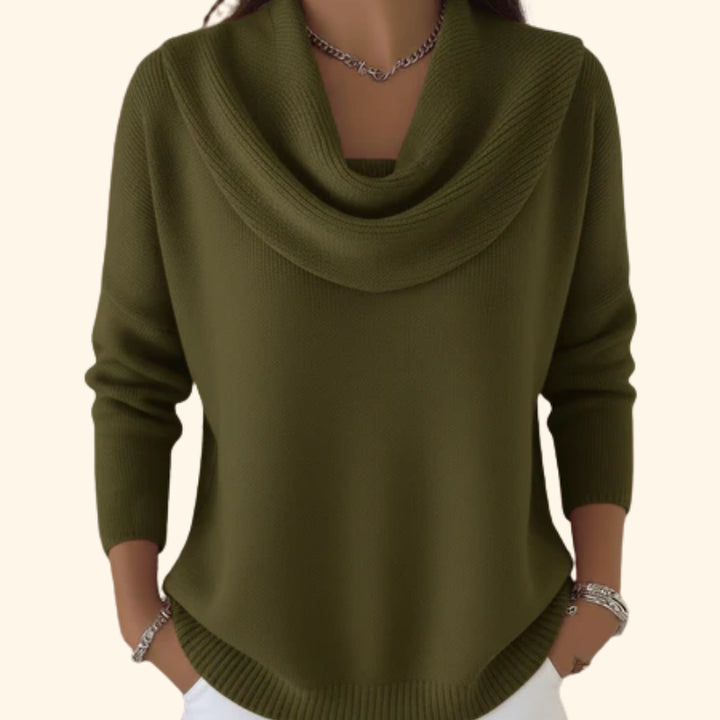 Joraphine | Women's Cozy Relaxed Fit Cowl Neck Knit Sweater — Army Green