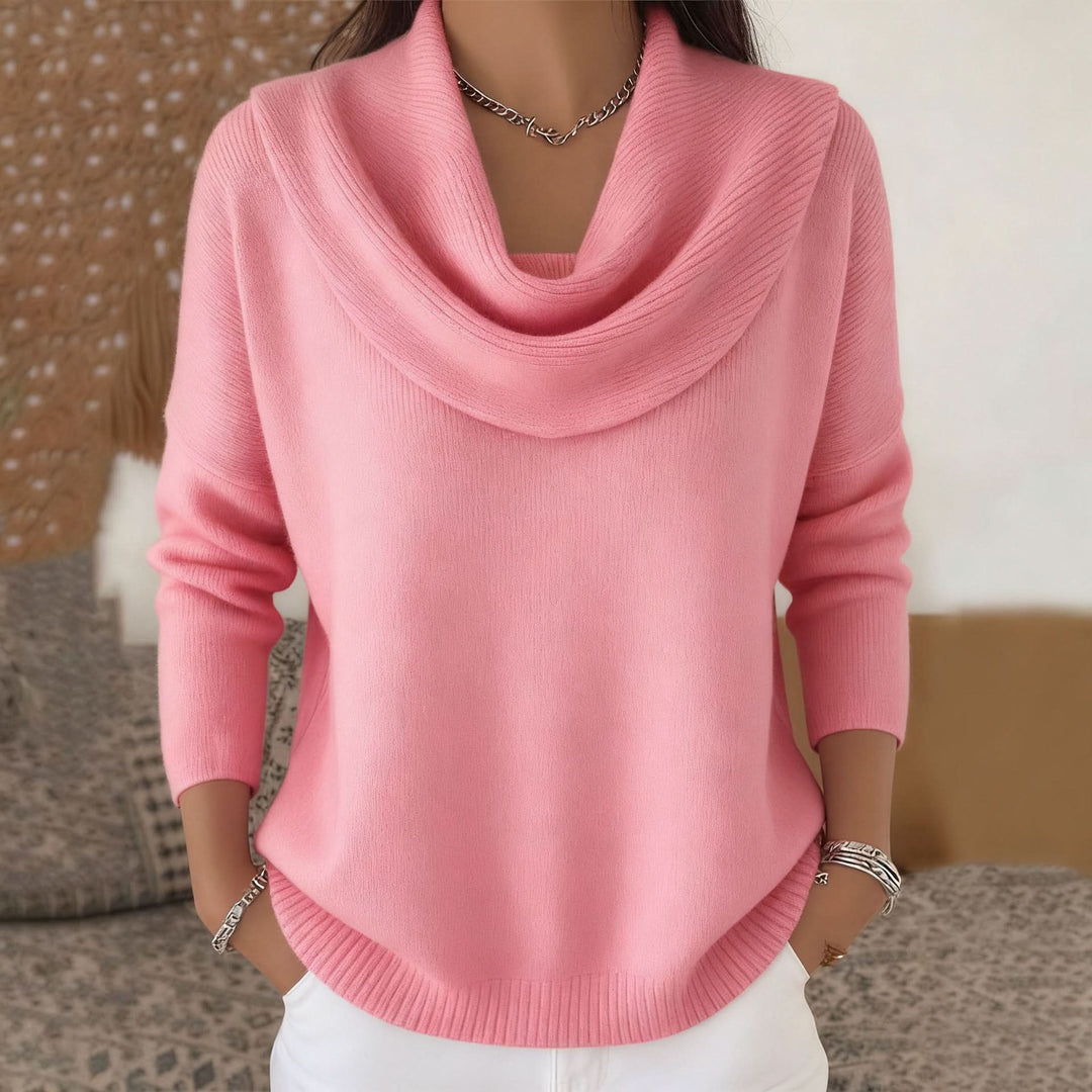 Joraphine | Women's Cozy Relaxed Fit Cowl Neck Knit Sweater — Pink