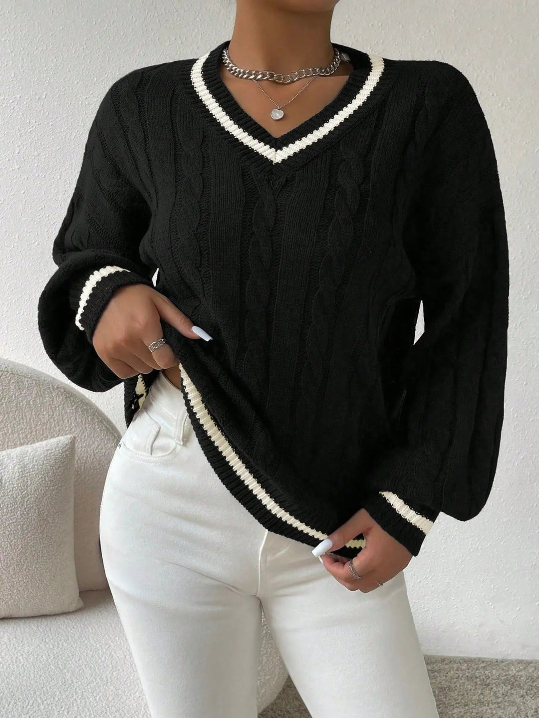 Joraria | Women's Cozy Striped Cable Knit Sweater – V-Neck Preppy sweater — Black
