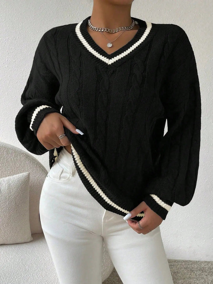 Joraria | Women's Cozy Striped Cable Knit Sweater – V-Neck Preppy sweater — Black