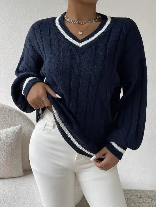 Joraria | Women's Cozy Striped Cable Knit Sweater – V-Neck Preppy sweater — 1
