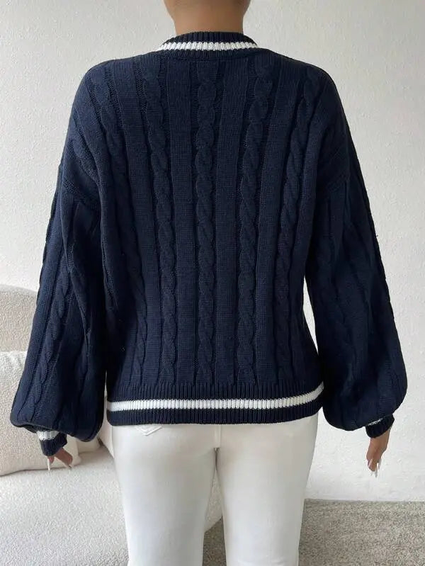 Joraria | Women's Cozy Striped Cable Knit Sweater – V-Neck Preppy sweater — 2