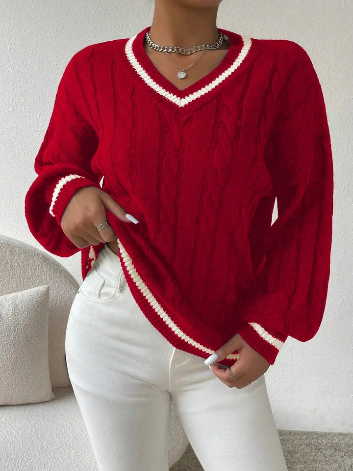 Joraria | Women's Cozy Striped Cable Knit Sweater – V-Neck Preppy sweater — Red