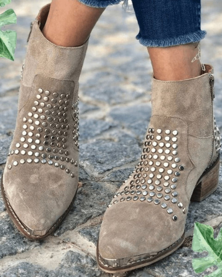 Joravia | Women's Studded Pointed Block Heel Boots — 1