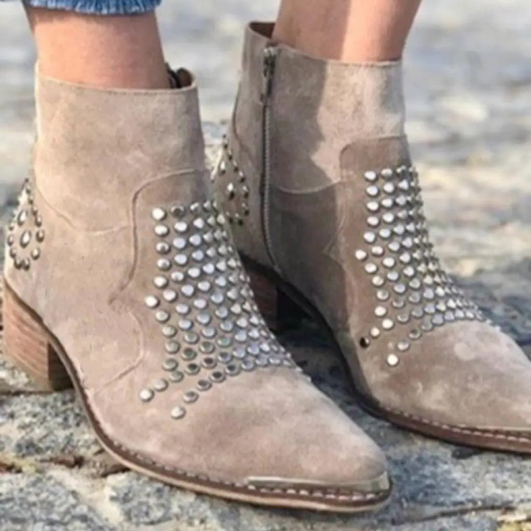 Joravia | Women's Studded Pointed Block Heel Boots — 2