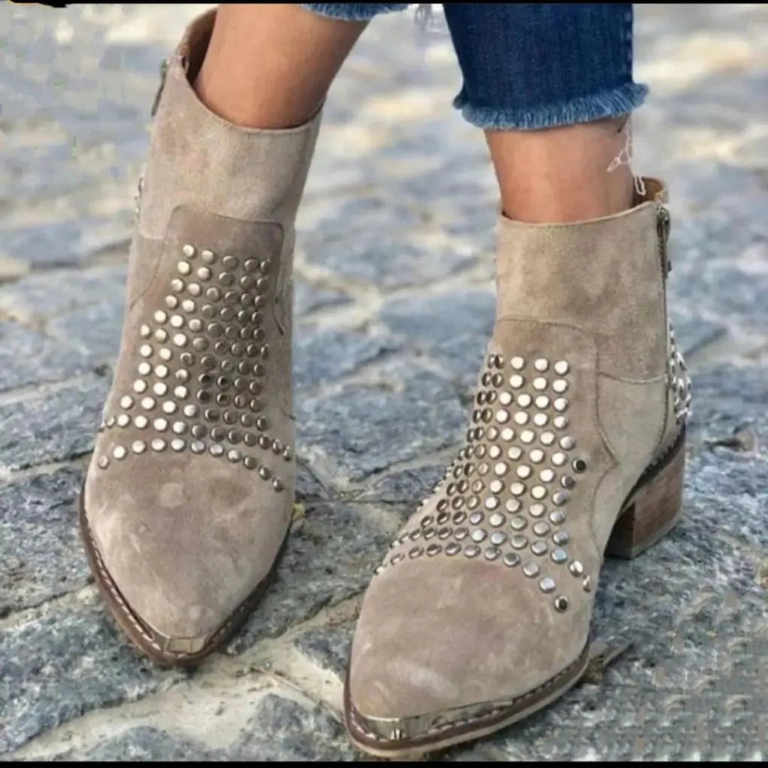 Joravia | Women's Studded Pointed Block Heel Boots — Grey