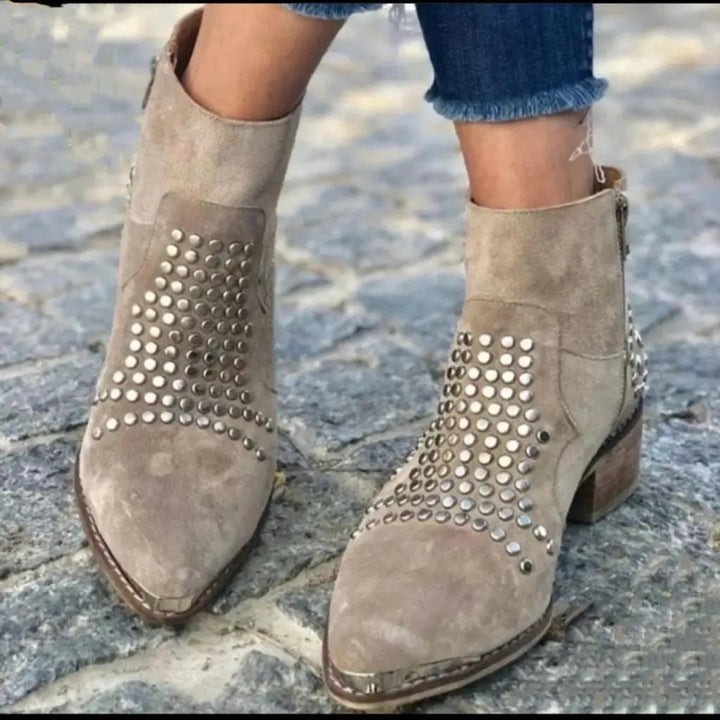 Joravia | Women's Studded Pointed Block Heel Boots — Grey