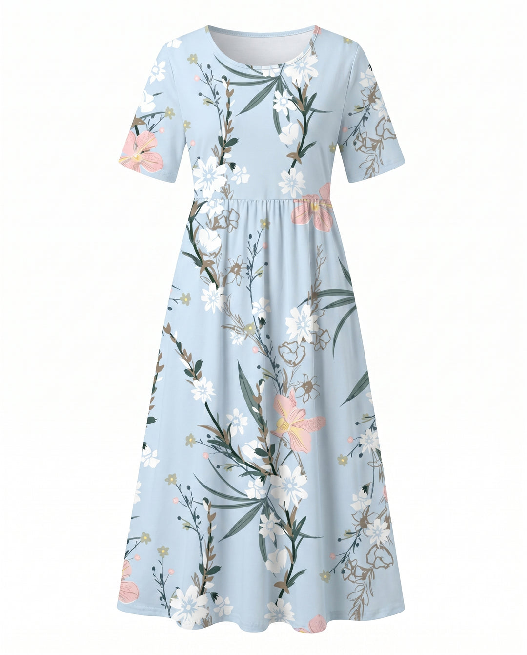 Josephina | Women's Wedding Guest Elegant Printed Floral Midi Dresses — Light Blue
