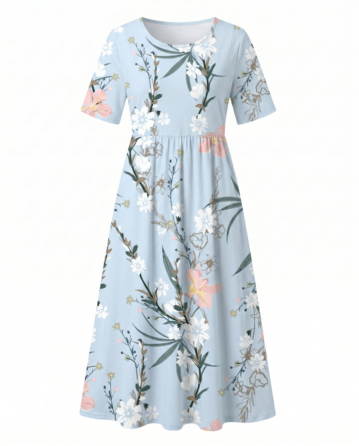 Josephina | Women's Wedding Guest Elegant Printed Floral Midi Dresses — Light Blue