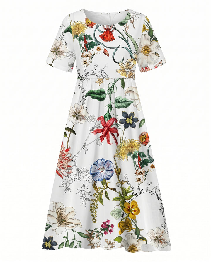 Josephina | Women's Wedding Guest Elegant Printed Floral Midi Dresses — White & Green