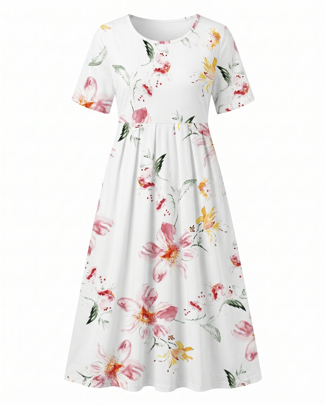 Josephina | Women's Wedding Guest Elegant Printed Floral Midi Dresses — White & Pink