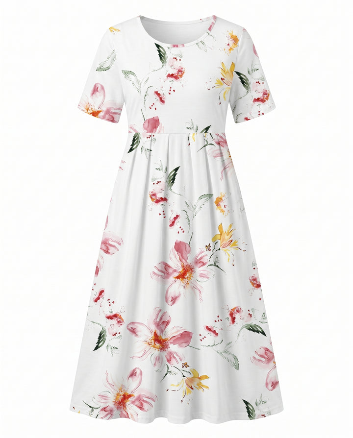 Josephina | Women's Wedding Guest Elegant Printed Floral Midi Dresses — White & Pink