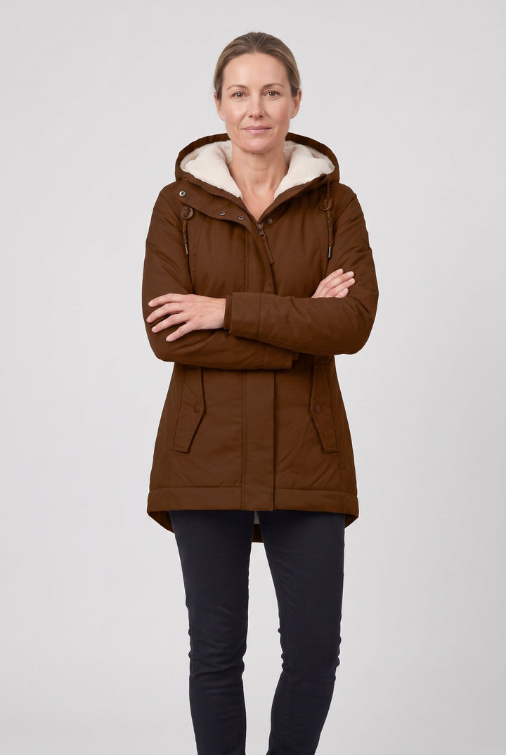 Jossvanne | Women's Hooded Padded Waterproof Coat, Longline Drawcord Waist Jacket — Brown