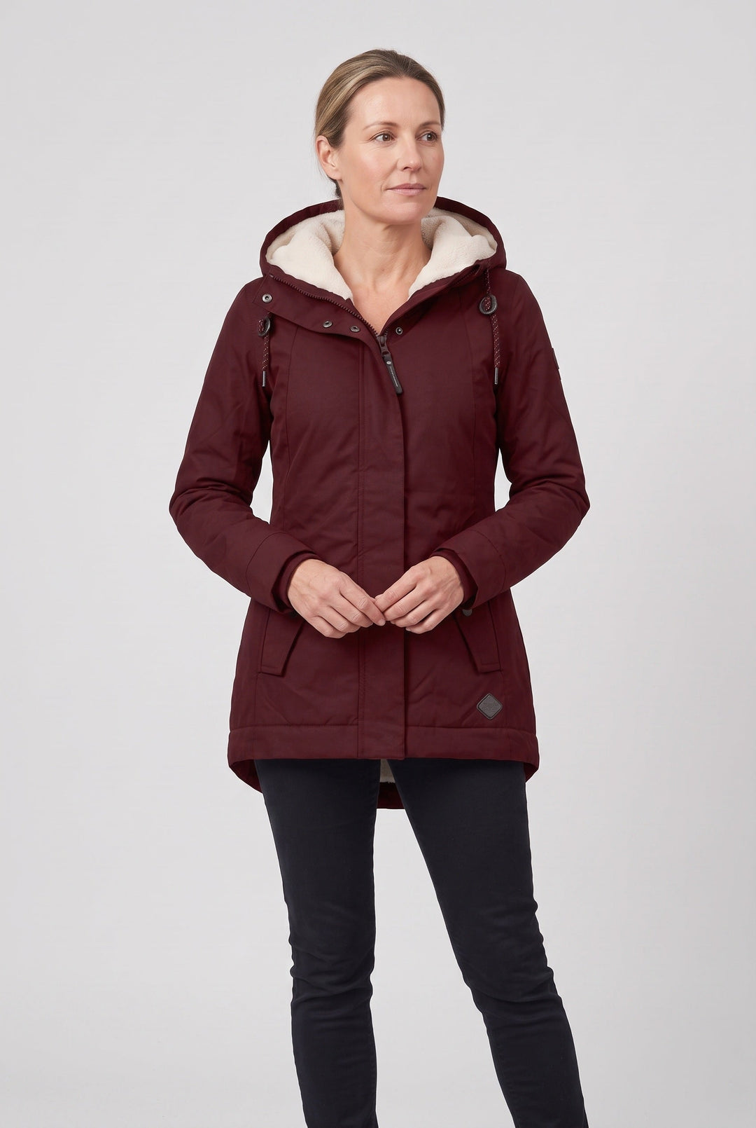 Jossvanne | Women's Hooded Padded Waterproof Coat, Longline Drawcord Waist Jacket — Burgundy