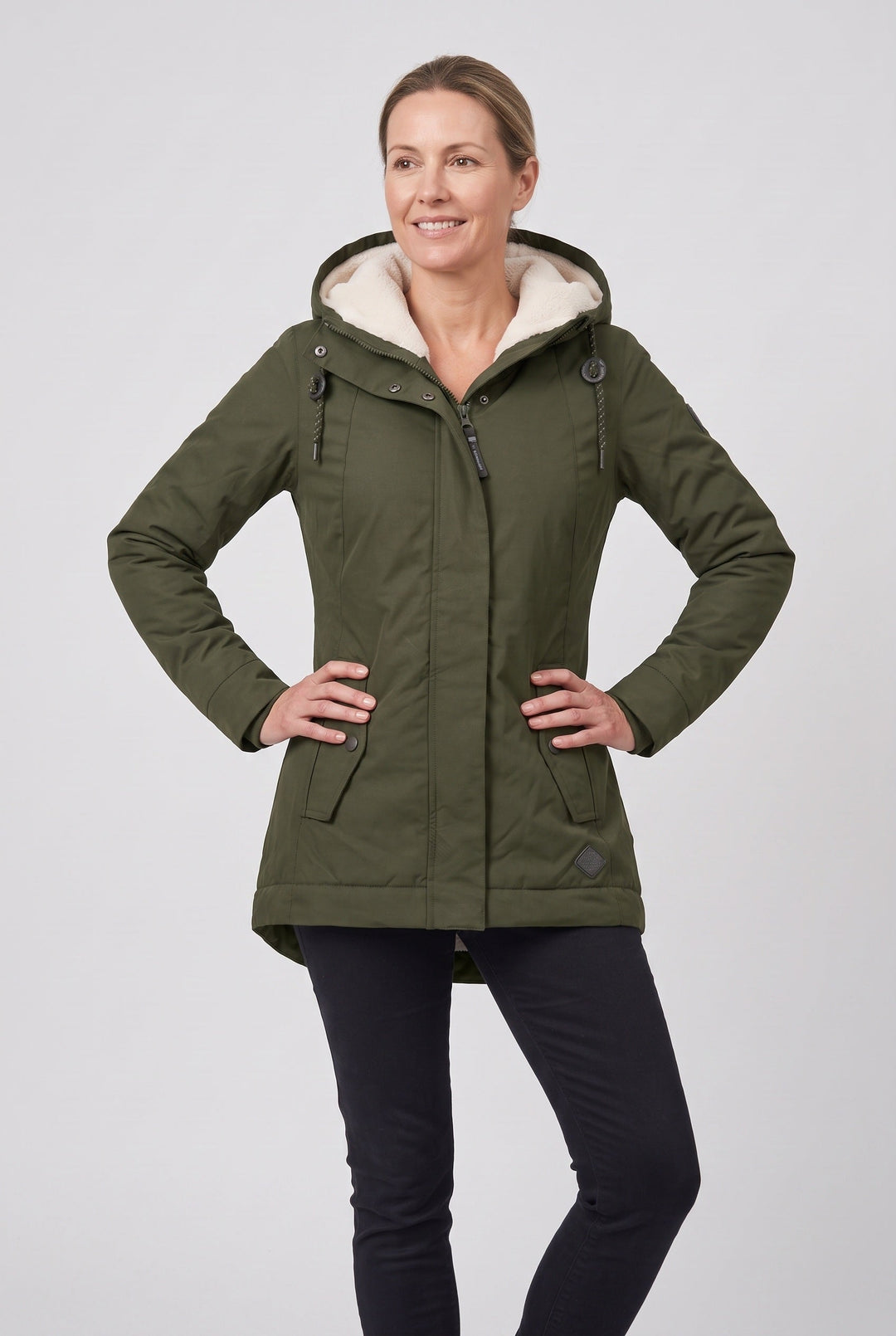Jossvanne | Women's Hooded Padded Waterproof Coat, Longline Drawcord Waist Jacket — Dark green