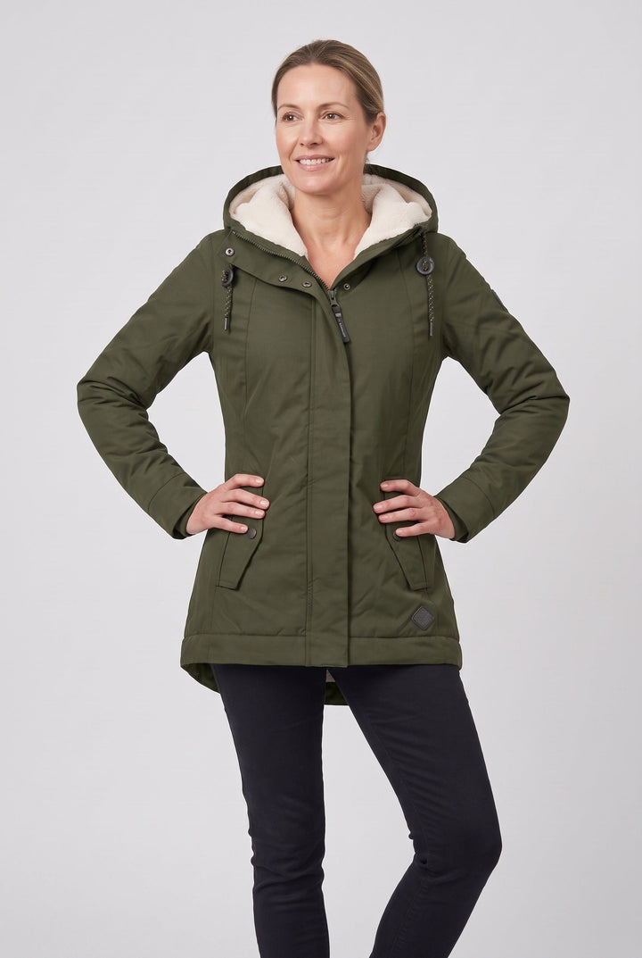 Jossvanne | Women's Hooded Padded Waterproof Coat, Longline Drawcord Waist Jacket — Dark green