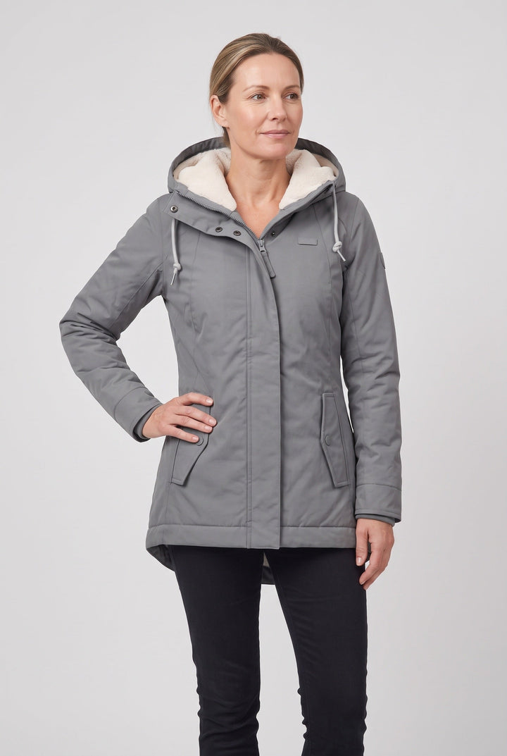 Jossvanne | Women's Hooded Padded Waterproof Coat, Longline Drawcord Waist Jacket — Grey