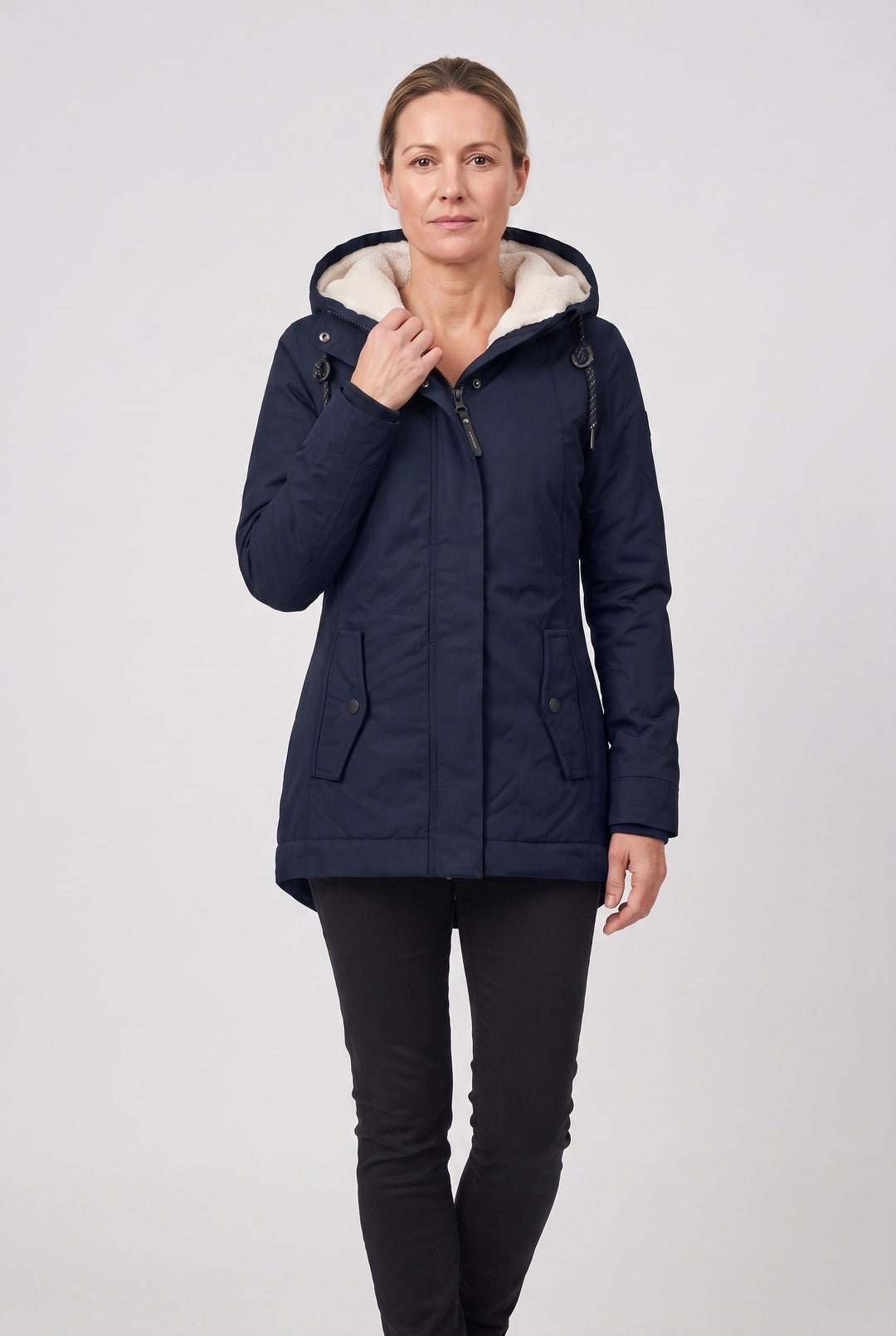 Jossvanne | Women's Hooded Padded Waterproof Coat, Longline Drawcord Waist Jacket — Navy