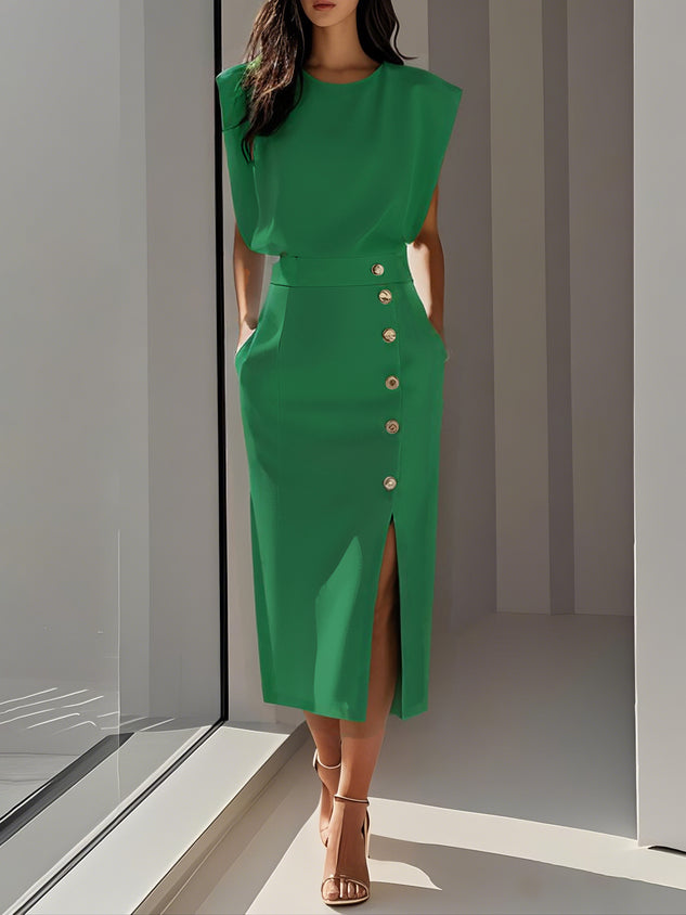 Junia | Women's Wedding Guest Elegant Charm Effortless Midi Dress Dresses — Green