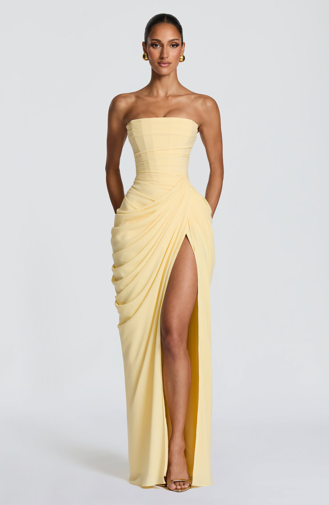 Junomora | Women's High-Waist Strapless Corset Maxi Dress With Chiffon Skirt — Yellow