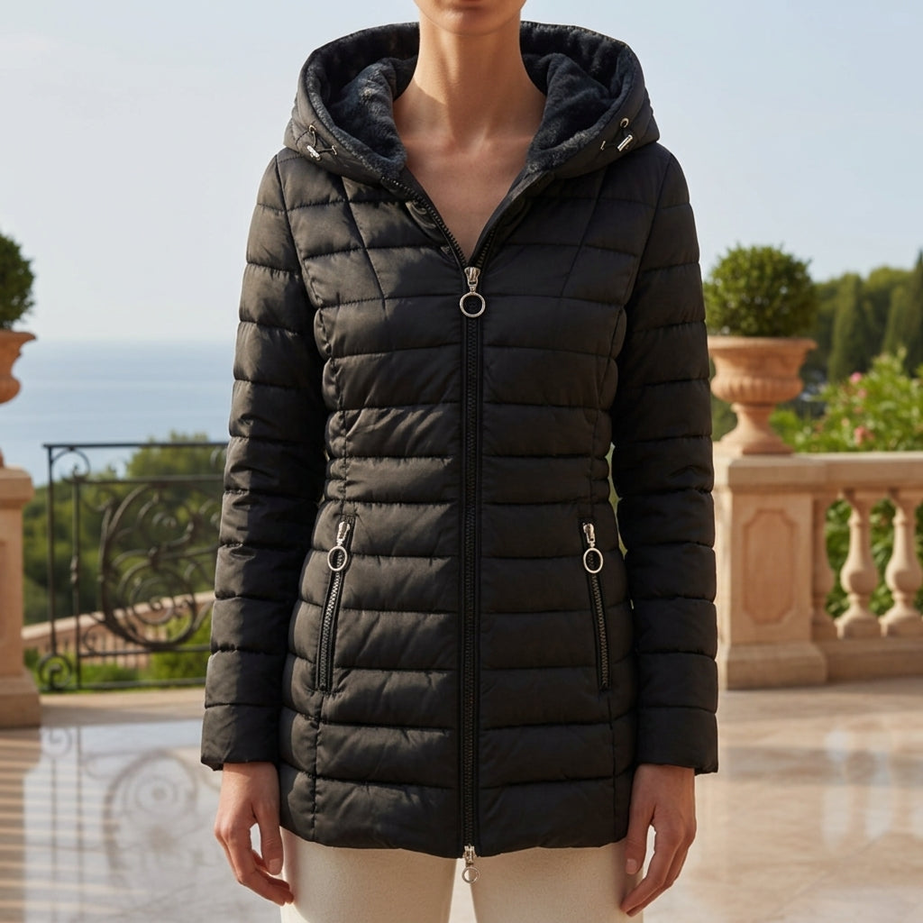 Junoreth | Women's Casual Stretch Elegant Hooded Puffer Coat with Zipper Closure and Tailored Fit Top — Black