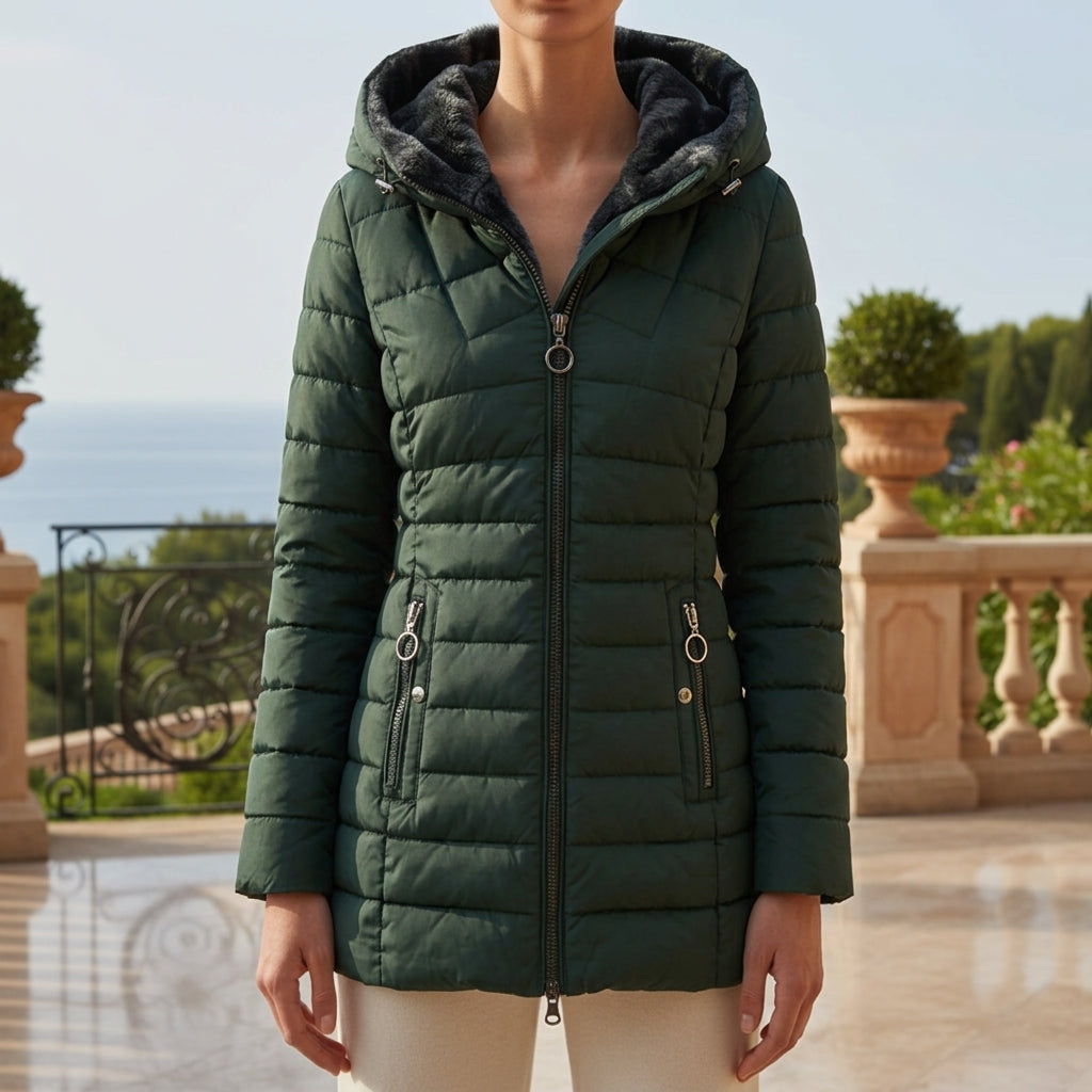 Junoreth | Women's Casual Stretch Elegant Hooded Puffer Coat with Zipper Closure and Tailored Fit Top — Green