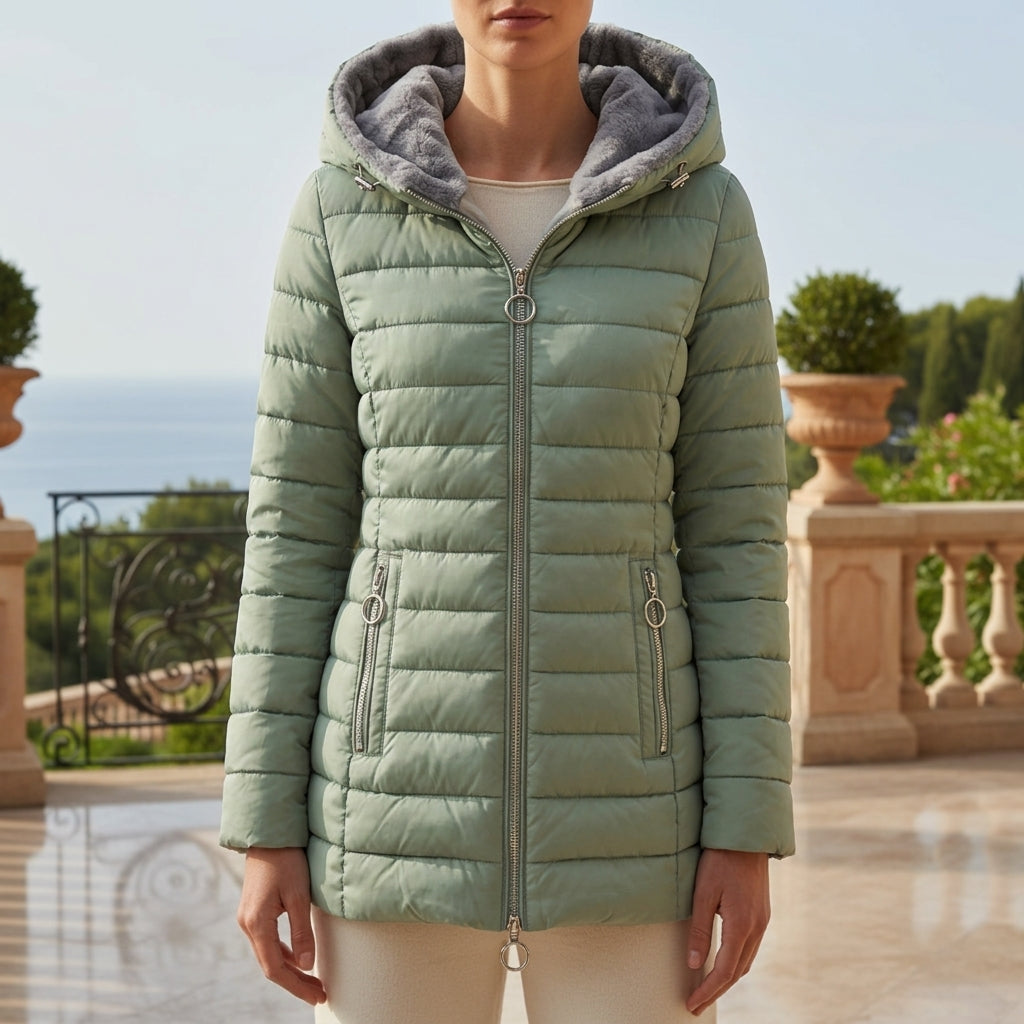 Junoreth | Women's Casual Stretch Elegant Hooded Puffer Coat with Zipper Closure and Tailored Fit Top — Light Green