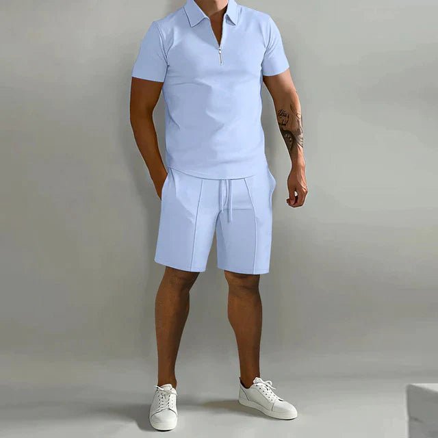 Justine | Women's Denim High-Waist summer two-piece set with Polo and shorts — Hellblau