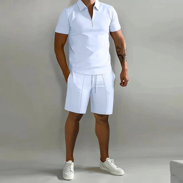 Justine | Women's Denim High-Waist summer two-piece set with Polo and shorts — Weiß