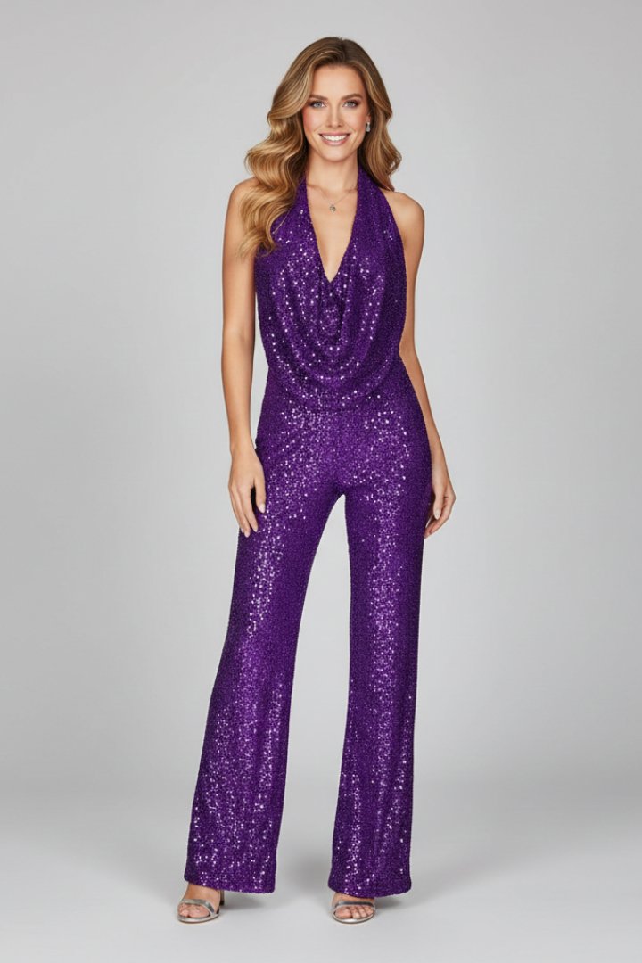 Kaliaine | Women's Elegant Sequin Halter Wide-Leg Jumpsuit — Purple