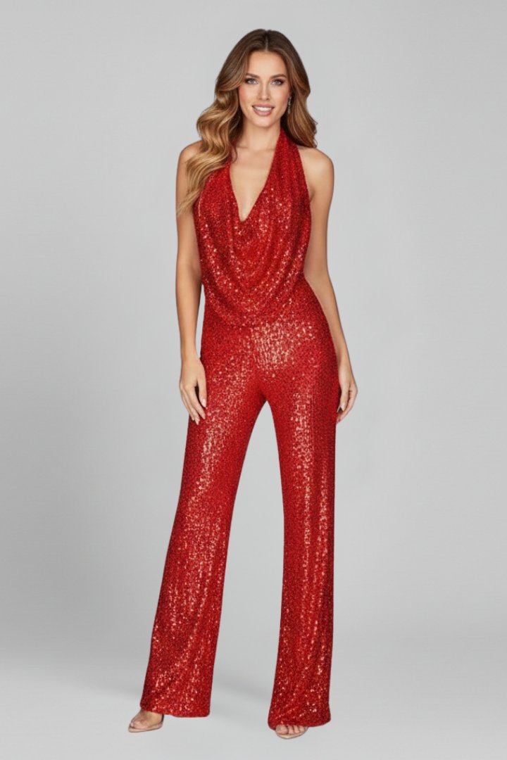 Kaliaine | Women's Elegant Sequin Halter Wide-Leg Jumpsuit — Red