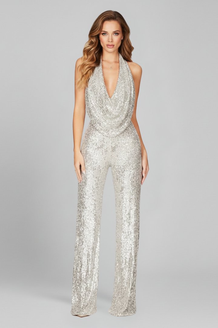 Kaliaine | Women's Elegant Sequin Halter Wide-Leg Jumpsuit — Silver